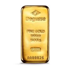 500 g Degussa Goldbarren (gegossen)